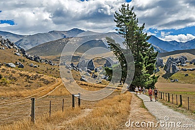 Tourists visiting Castle Hill in Southern Alps, Arthur's Pass, South Island of New Zealand Editorial Stock Photo